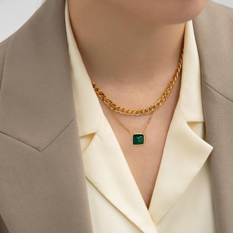 

Pendant Necklaces Trend Green Opal Square Necklace Stainless Steel Gold Plated 14K Link Chain For WomenPendant
