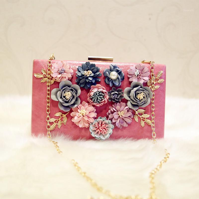 

Wholesale- Handmade Wedding Purse Handbags Diamond Pearls Party Bag Colorful Flower Evening Bags Elegant Day Clutches Wallet ZZ514, Pink