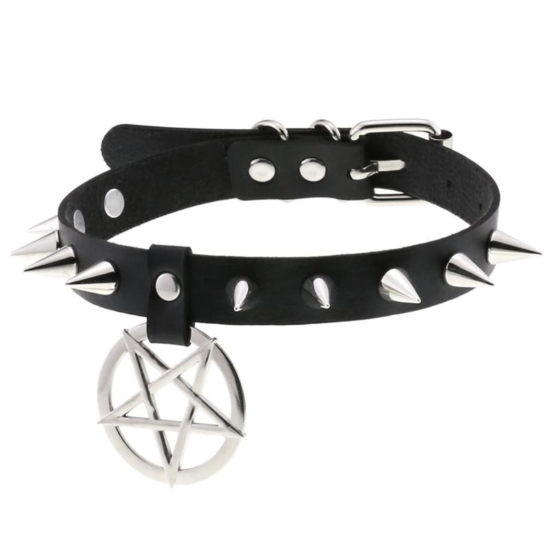 

Chokers Women Pentagram Black Star Leather Choker Punk PU Supernatur Spike Rivet Collar Studded Necklace Girls Gothic Jewelry