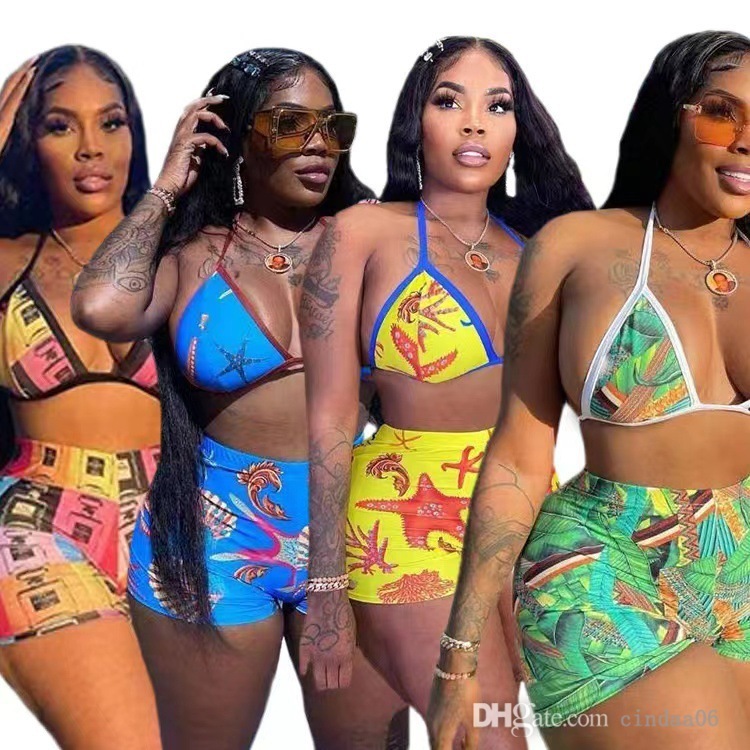 

2022 Sexy Womens Bikini Suit Swimwear 2 Piece Designer Printed Outfits Low Cut Slim Fit Vest Swimsuit High Waist Hip Wrap Shorts Beachwear, Shorts pink