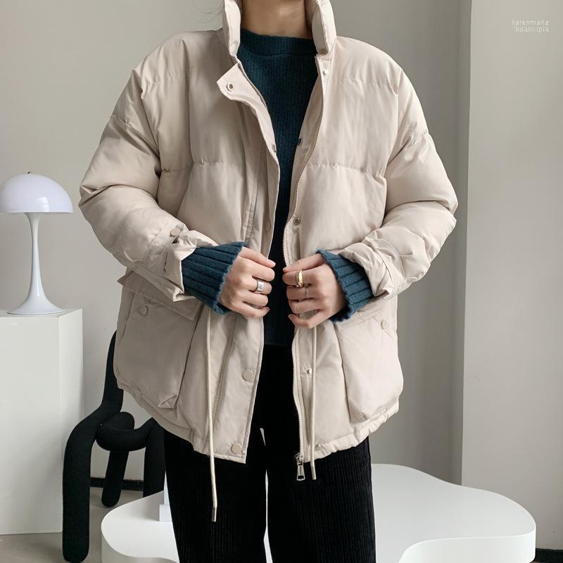 

Winter 2022 Thick Warm Bubble Jacket Women's Long Sleeve Fashion Stand Collar Parkas Loose Waist Strap Bread Coat Big Pocket Down & Kare22, Beige