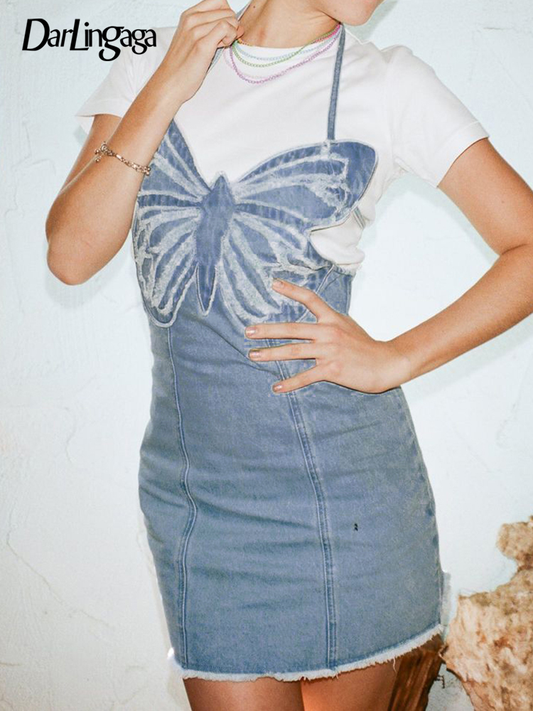 

Streetwear Halter Butterfly Denim Dress Female Backless Fashion Casual Summer Dresses Mini 2000s Aesthetic Cute Basic, Blue