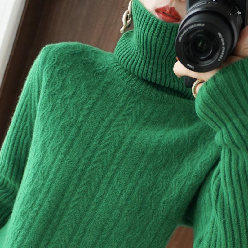 

Women' Sweaters Autumn And Winter Cashmere Sweater Women Pile Collar Pullover Pure Color Twisted Loose Thin Wool Knitted Bo, Green