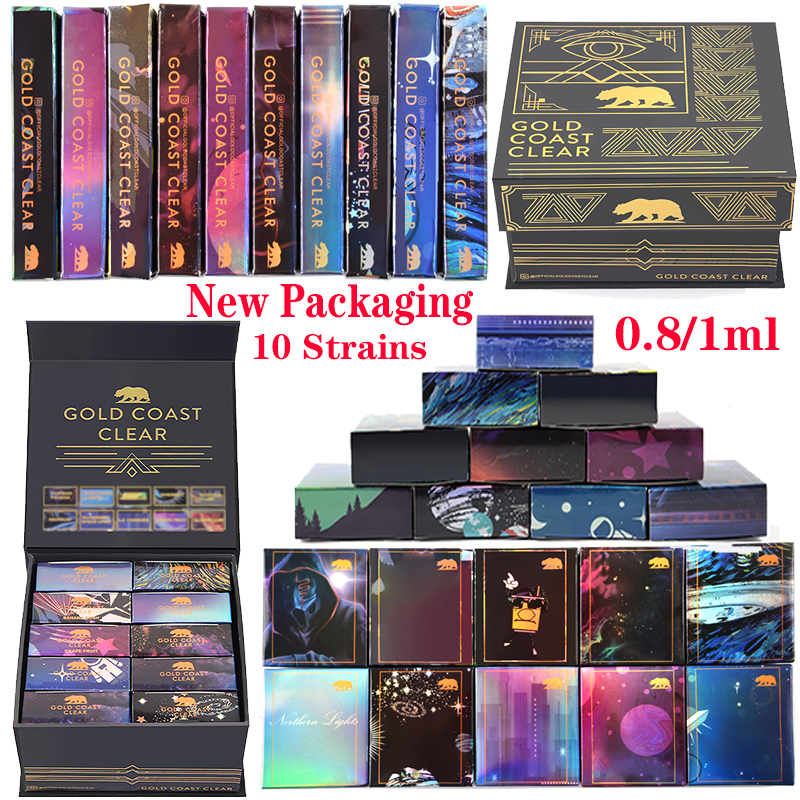 

Newest Packaging GOLD COAST CLEAR Atomizers Ceramic Vape Cartridges E Cigarette Packaging Empty Vapes Carts Glass Tank Thick Oil Dab Vaporizer 510 Thread