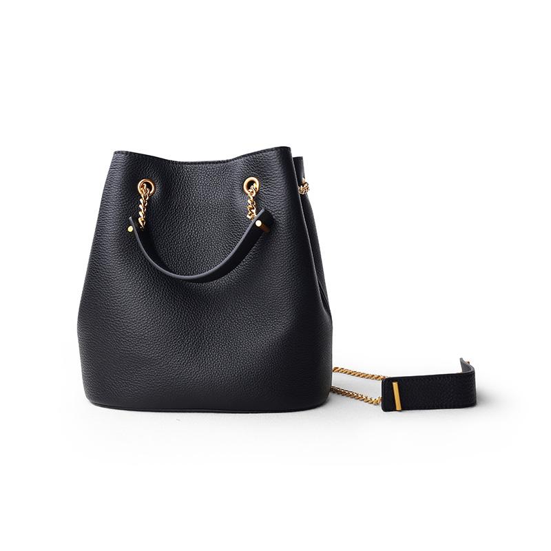 

Evening Bags Women Bag Bucket Lady Cowhide Genuine Leather Shoulder Strap Messenger Female Simple Fashion Casual Chains 2022, Black