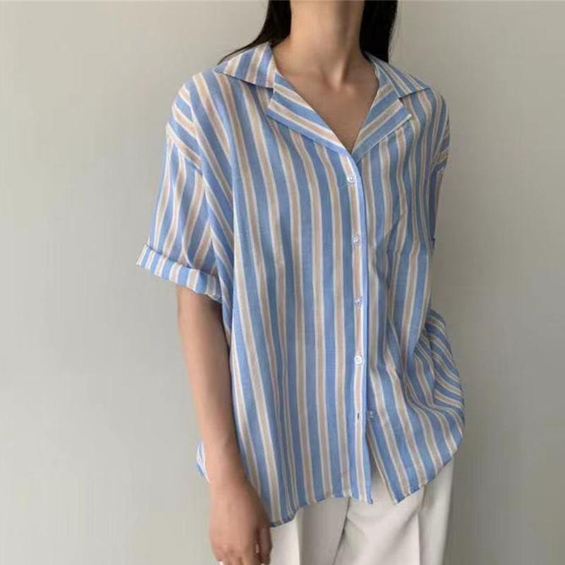 

Women' Blouses & Shirts HziriP 2022 Summer Striped Blue Plus Size Chic Office Lady Loose Casual Femme Lapel All Match Tops OL Brief Streetw