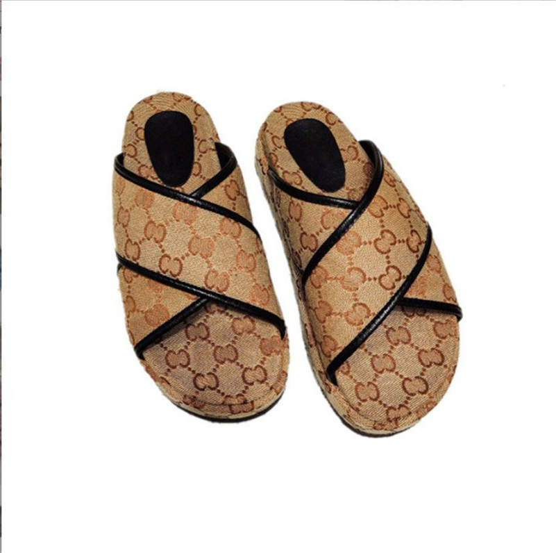 

luxury Designer women Sandal Canvas Platform slippers Real Leather Beach Slides Slipper Outdoor Party Classic Sandals, Green