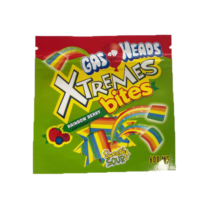 

Empty 600mg Gas Heads Mylar Bags Smell Proof Xtremes Bites Rainbow Berry Sweetly Sour Edibles Gummies Package
