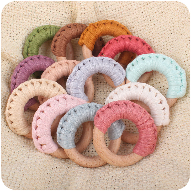 

Handmade Natural Wooden Crochet Baby Infant Kids Teether Teething Ring Gift Toy 13 colors