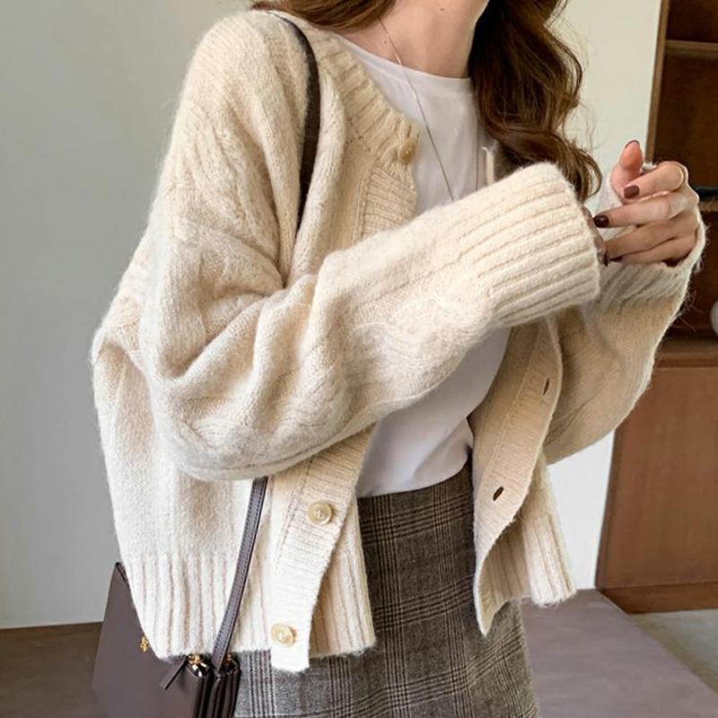 

Women's Knits & Tees Autumn Women Cropped Cardigan Round Casual Kimono Solid Wild Lazy Retro Female Sweaters Jumpers Knitting CoatWomen's, Creamy-white