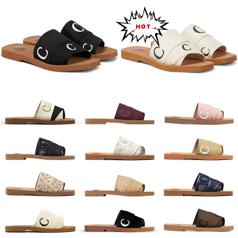 

Woody Slippers Women Fashion Designer Flat Sandals Rubber Slides Classic Summer Beach Canvas Slipper Shoes Embossed Letter with High Quality, C 9