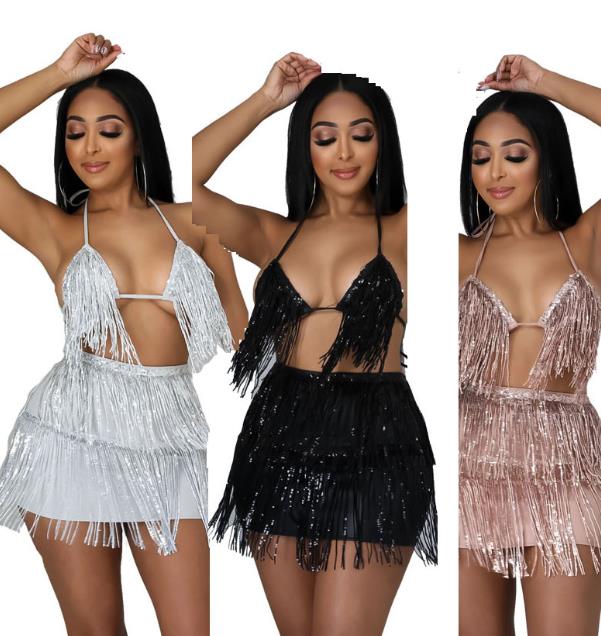 

Women' Tracksuits Fringe Tassel Sexy Sequin Two Piece Set Women Festival Clothing Backless Cross Halter Crop Top Shorts Sets Matching Outfi, Black