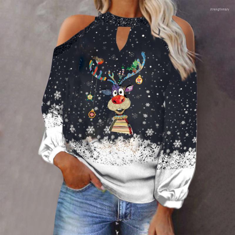 

Women' Blouses & Shirts Christmas Woman Blouse Autumn/winter Deer Printed Sweatshirt Xmas Strapless Long Sleeve Tops Stre22, Blue