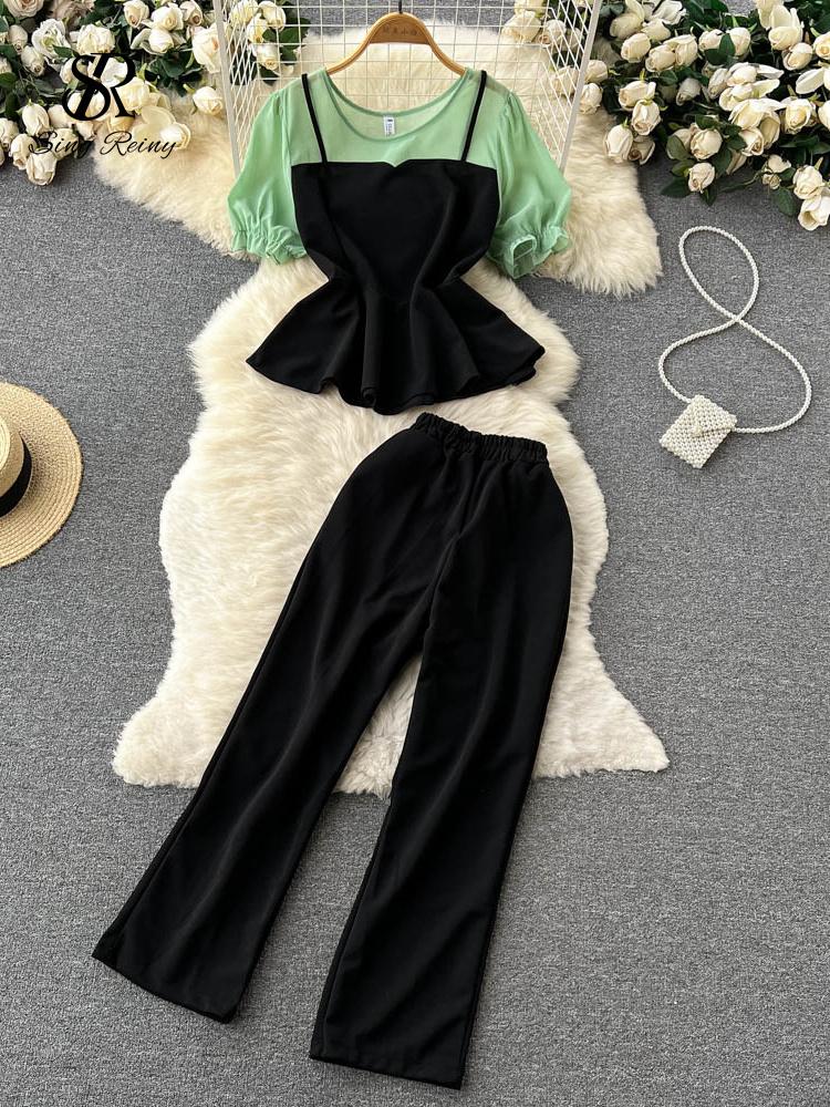 

Women's Two Piece Pants Splice Ruffled Pocket Set Women Summer 2022 O Neck Slim Blouse Elastic Waist Wide Leg Long Fashion Casual SuitWomen', Green