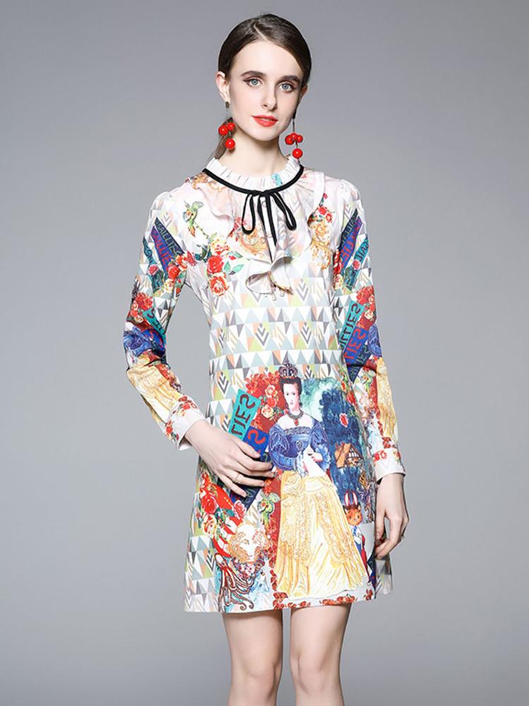 

Casual Dresses Runway Floral Print Boho Dress For Women Bow Tie Round Neck Long Sleeve High Waist Vintage Mini Female S6727, Mixed color