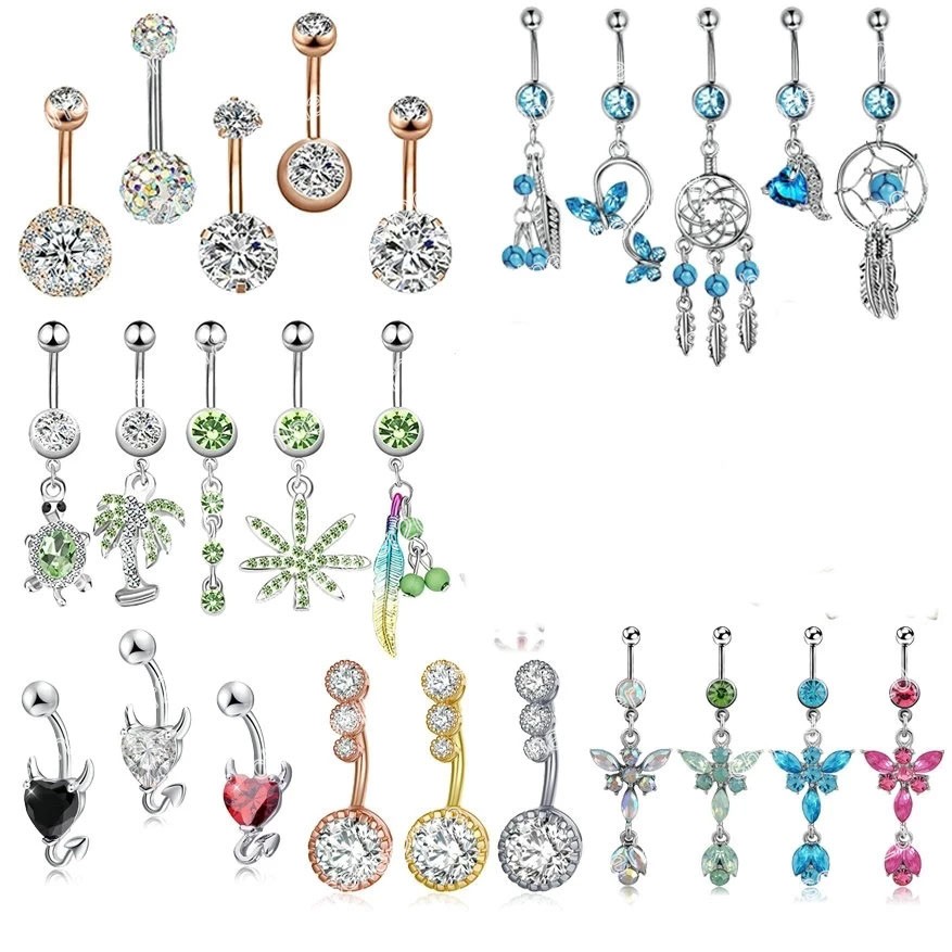 

Hot Selling Heart-shaped Navel Ring AB Zircon Peach Heart Inverted Belly Ring Piercing Punk Umbilical Buckle Set