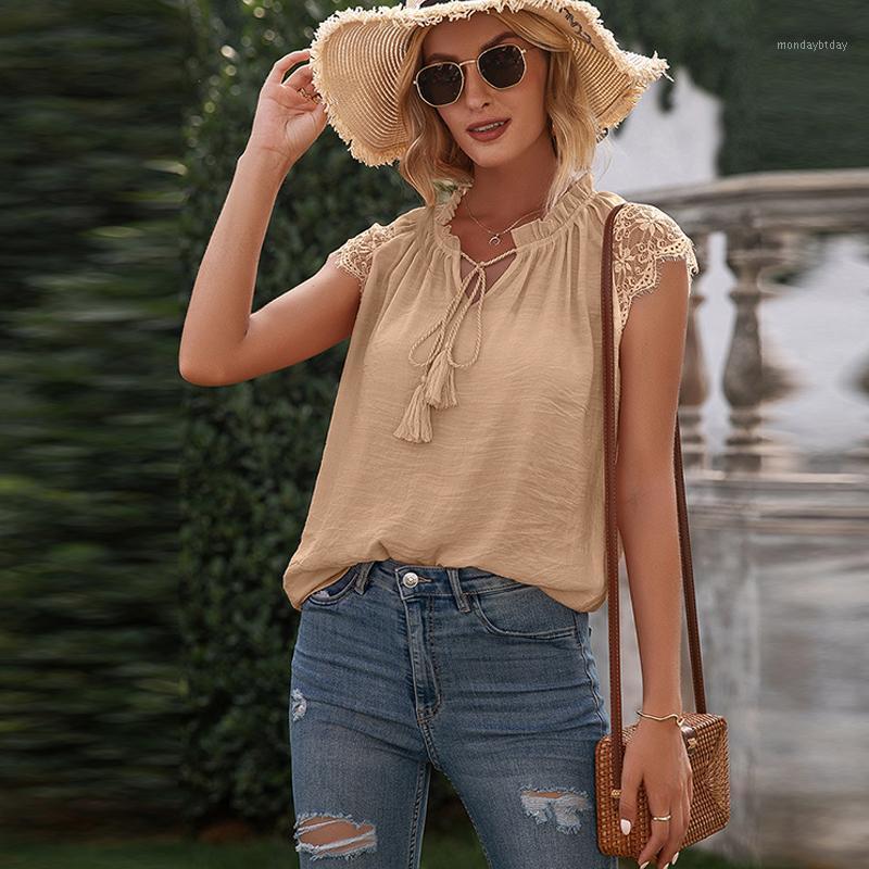 

Women' Blouses & Shirts Hollow Out Lace Up V-Neck T-shirts Summer Lady Casual Solid Loose Short Sleeve Stitching Tops Femme Pullover, Black