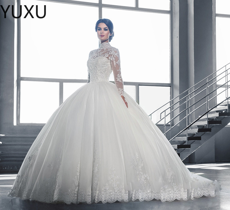 2022 Dubai ball gown Wedding Dresses Elegant Long Sleeves Sheer Crew Neck Lace Appliques Beaded Vestios De Novia Bridal Gowns with Buttons-image-759220572