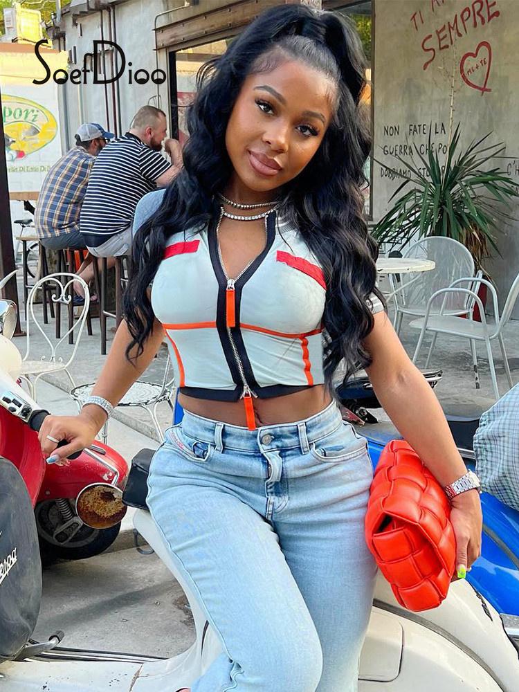 

Women' Jackets Soefdioo Contrast Color Short Sleeve Zipper Woman Jacket Autumn 2022 Casual Patchwork White Crop Top Streetwear Women Sexy T
