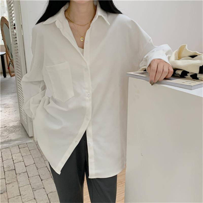 

Women's Blouses & Shirts HziriP Full Sleeve Bottoming Women Lapel Autumn Lady Office Wear Chic Stylish 2022 Basewear Solid Elegant Tops, White