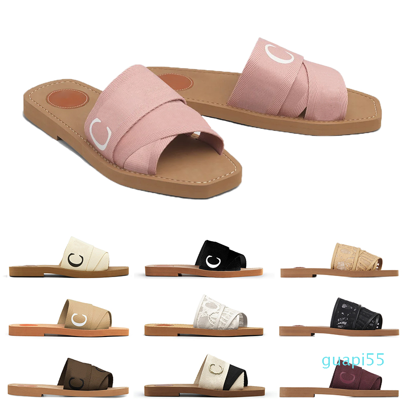 

men women designer slides mules woody sandals light tan beige white black soft pink Khaki lace Lettering Fabric womens flats shoes summer