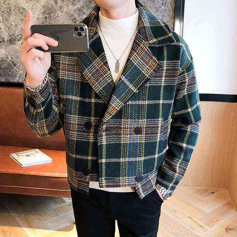 Men's Wool & Blends Blend Trench Jackets Autumn Winter Short Loose Jacket Korean Fashion Plaid Mens Double-Breasted Tweed Coat T220810