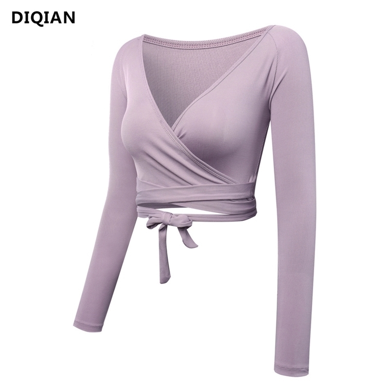 

Women Long Sleeve Wrap Yoga Crop Top for Dance Lavender Workout Shirts Fitness Tshirt Breathable Running Tops Y200328, Purple