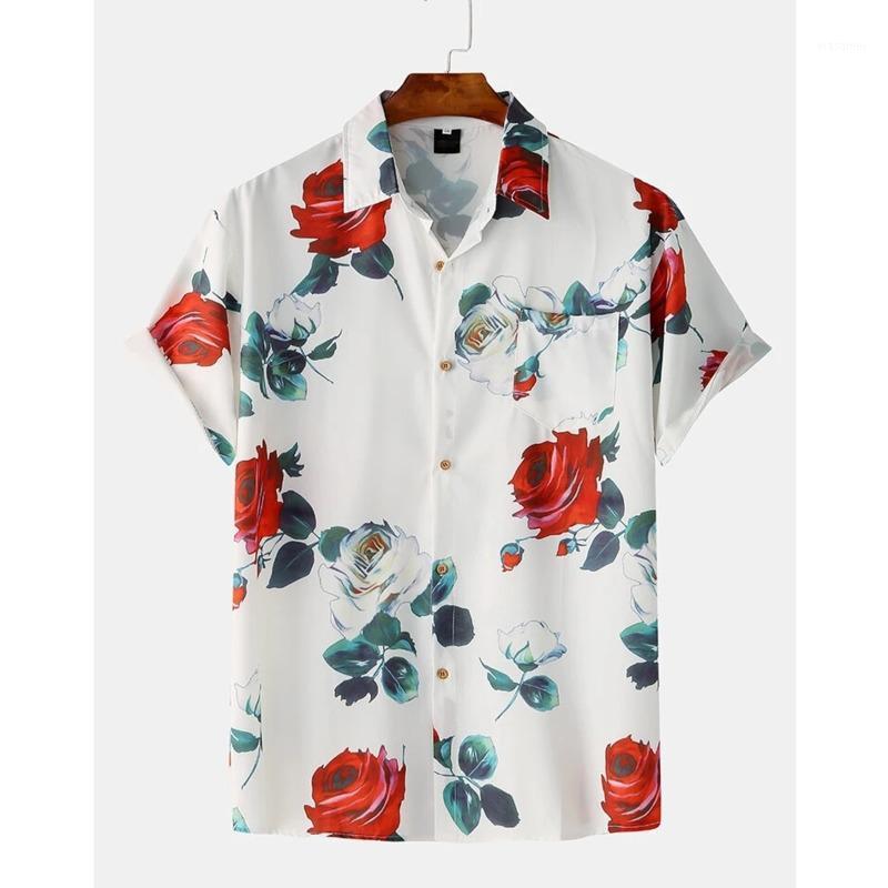 

Mens 2022 Hawaiian Shirts For Men Ethnic Rose Print Chest Pocket Casual Short Sleeve Shirt Men's, Black