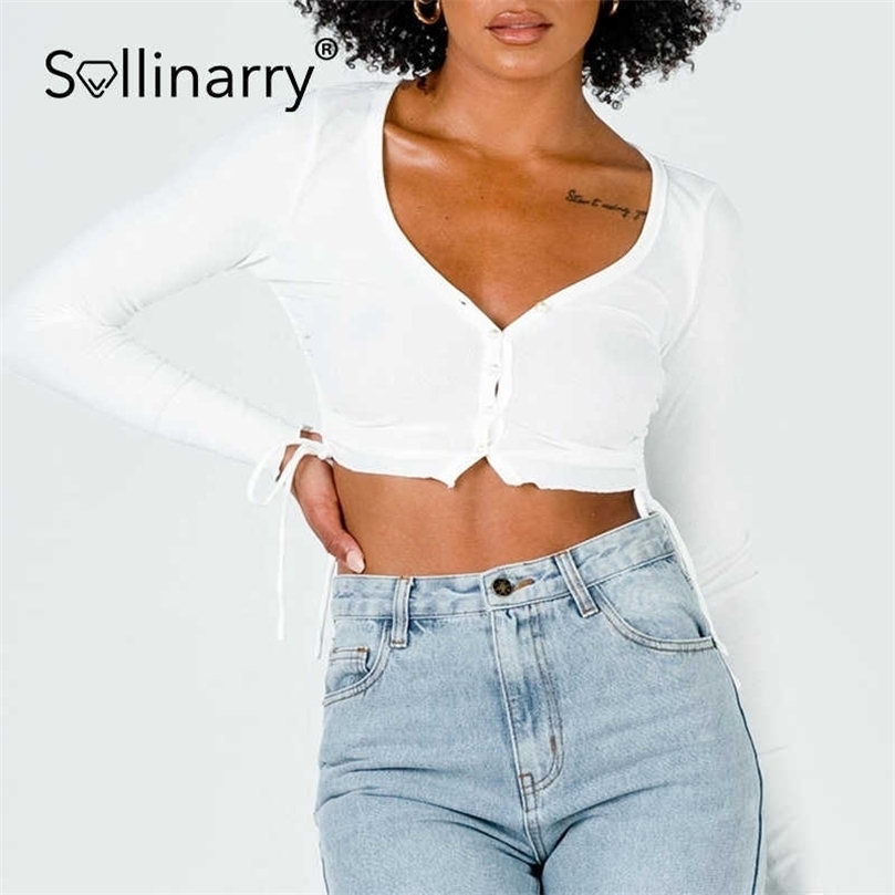 

Sollinarry Sheath pleated long sleeve blouse shirt High street button drawstring short blouse autumn Sexy v-neck women crop top 210709, Khaki