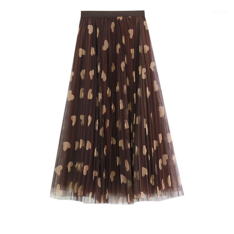 

Woman Skirts Spring High Waist Pleated Skirt Elastic Double Mesh Heart-shaped Printed Long Women, Black