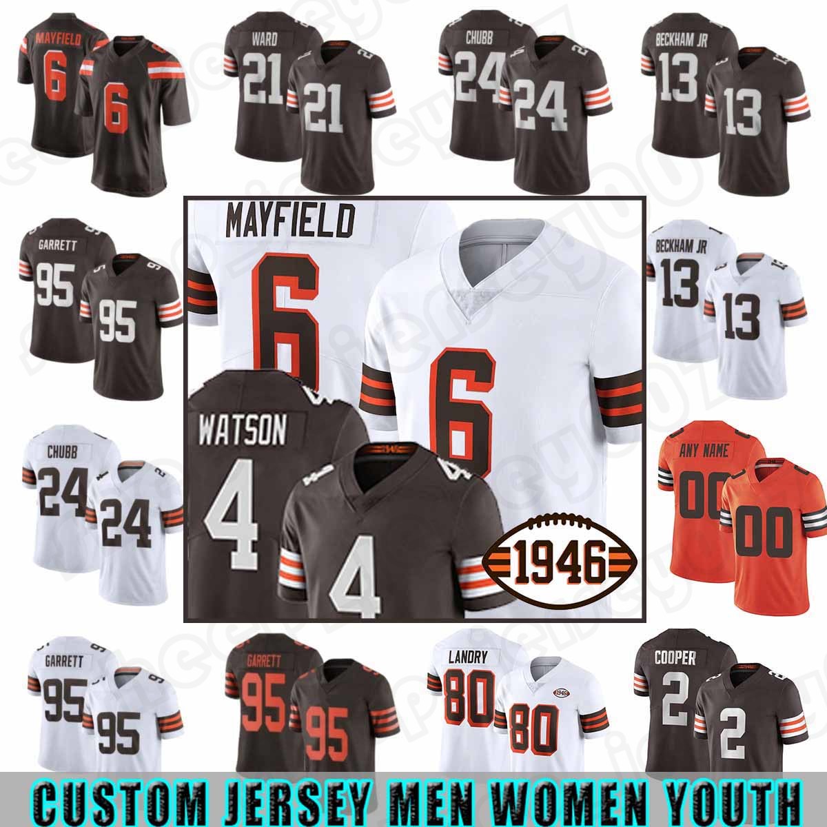 

24 Nick Chubb 95 Myles Garrett Clevelands Football Jersey Cade Yorks Deshaun Watson Amari Cooper Ronnie Harrison Denzel Ward Elliott Brissett Browns''Baker Mayfield, Custom women +patch(bulang)