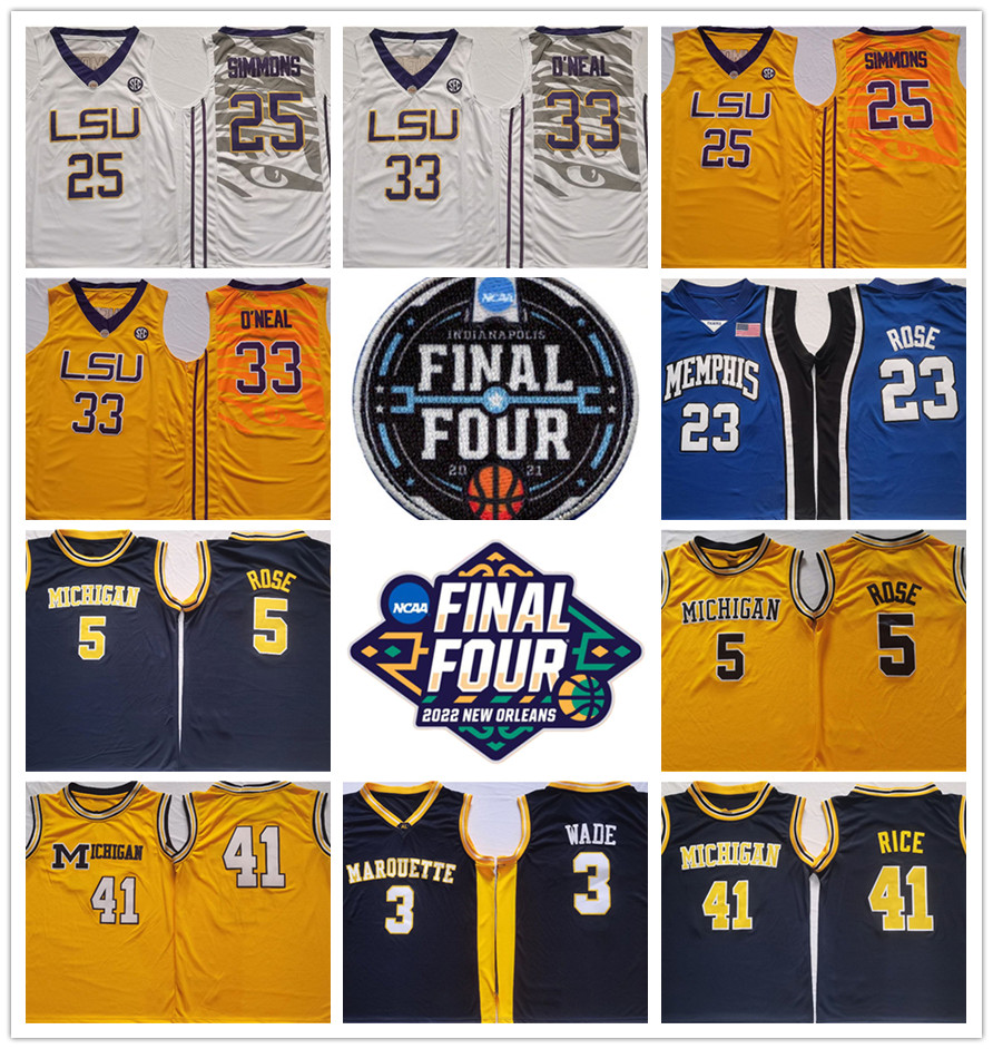 

NCAA Final Four Basketball Jerseys 25 SIMMONS 33 NEAL Jersey LSU Tigers White Marquette Golden Eagles Blue 3 WADE Memphis 23 ROSE jersey Stitched College, Lsu tigers yellow #25 simmons