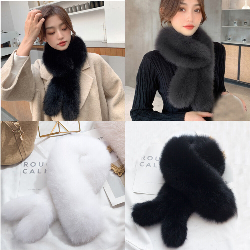 

Women Real Fox Fur Scarf Winter Warm Neckerchief Shawl Black White Grey Beige