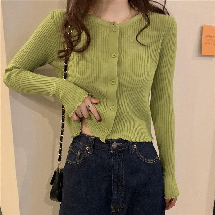 

Women's Knits & Tees Autumn Long Sleeve Cropped Cardigan Women Slim Knitted Sweater Coat Female Simple Solid Single-breasted Green Top, White