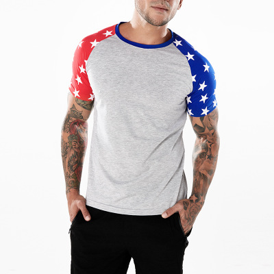 

Summer New Star Print Mens T-shirt Flag Printed Patchwork Casual Crew Neck Short Sleeve T-shirt, White