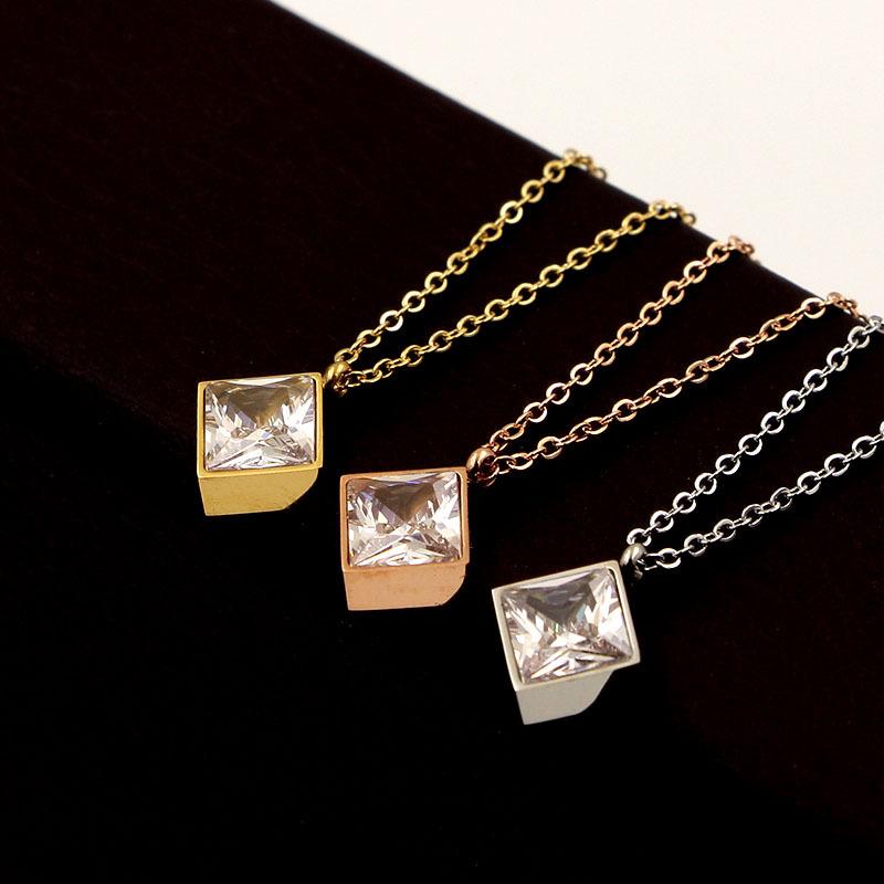 

Pendant Necklaces Fashion Luxury Stainless Steel OL Cubic Zirconia Love Square Necklace Rose Gold Color Women Female Party Gift