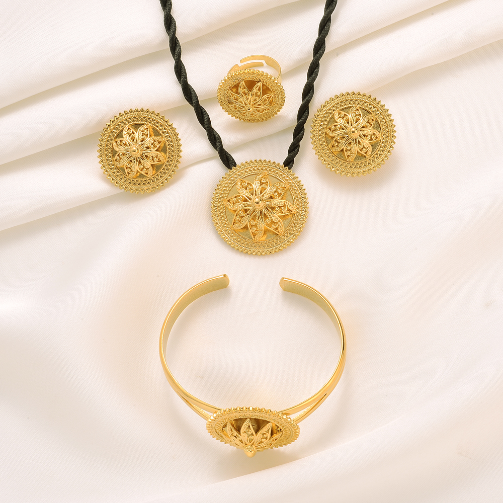 14k Fine Solid Gold GF Jewelry Necklace Earrings Pendant bracelet Bangles Indian Moroccan Turkish Dubai set-image-762005972