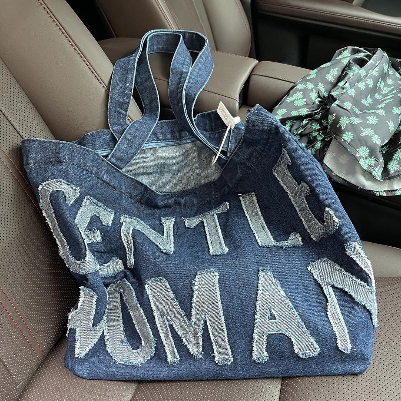 

Evening Bags Letter Casual Tote Shoulder Canvas Jeans Messenger Soft Student Large Capacity Open Shopping Handbags For WomenEvening