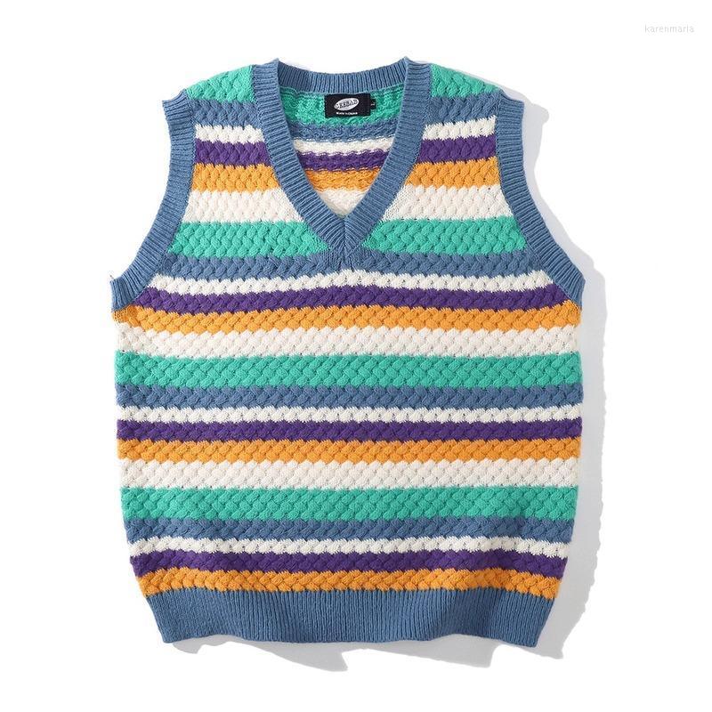 

Men's Vests Trendy Brand Contrast Striped Sweater Vest Men Ins Harajuku Style Trend Loose V-neck Waistcoat Kare22, Apricot