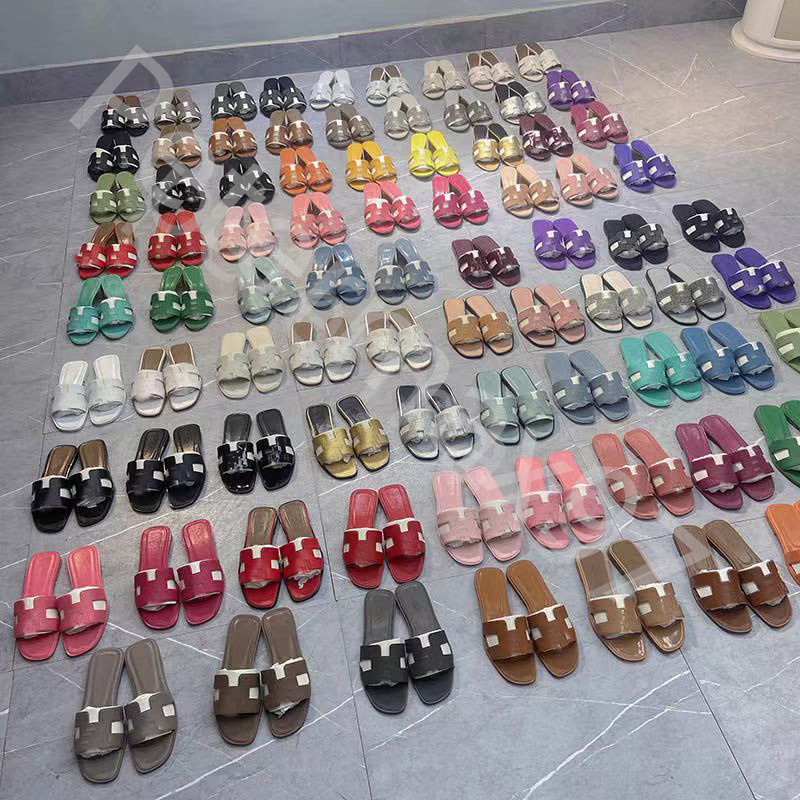 

H 2022 Womens Summer Sandals Beach Slide Slippers Crocodile Skin Leather Flip Flops Sexy Heels Ladies Sandali Fashion Designs Orange Scuffs Shoes With Box