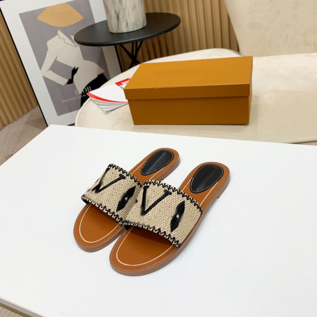 

Women Woven Casual Sandals Lock It Flat Mule Embroidered Letter Ladies Slipper Luxury Designer Outdoor Shoes, Color 12