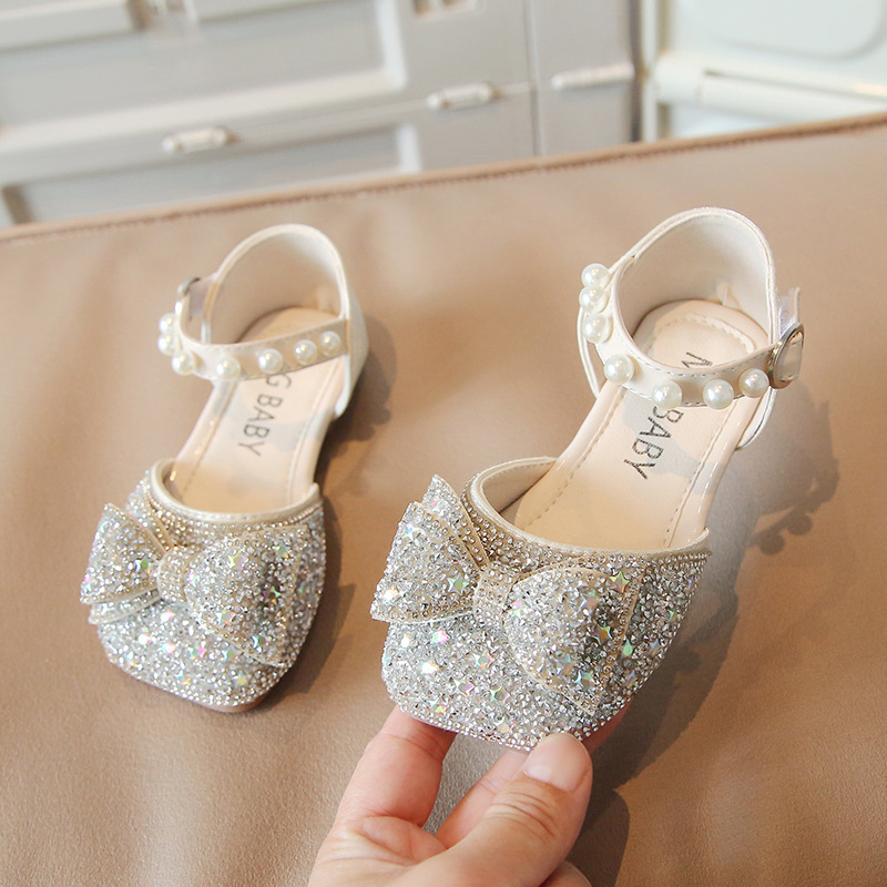 

Girls' Leather Shoes Princess Bow Spring New Non-Slip Soft Bottom Wear-Resistant Little Baby Sequined Children's Shoes, Pink