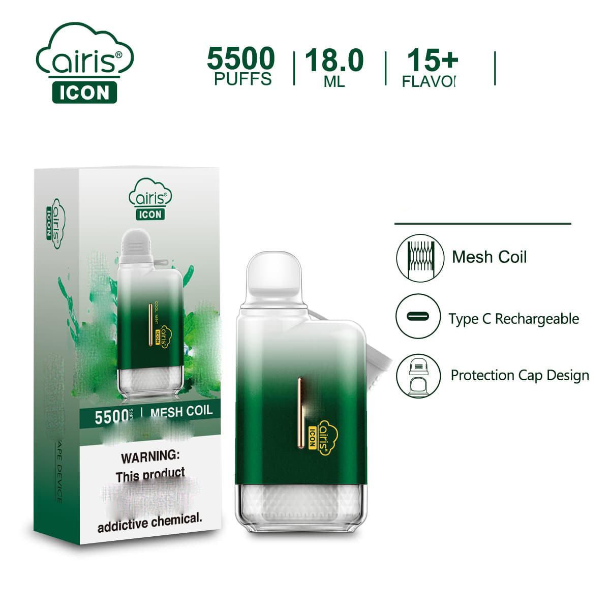 

Airis Icon Disposable Vape E-cigarettes Pod Kit 15ml 5500Puffa with Recharger Mesh with Cover 15 flavous 100% Authentic Mega ranmd