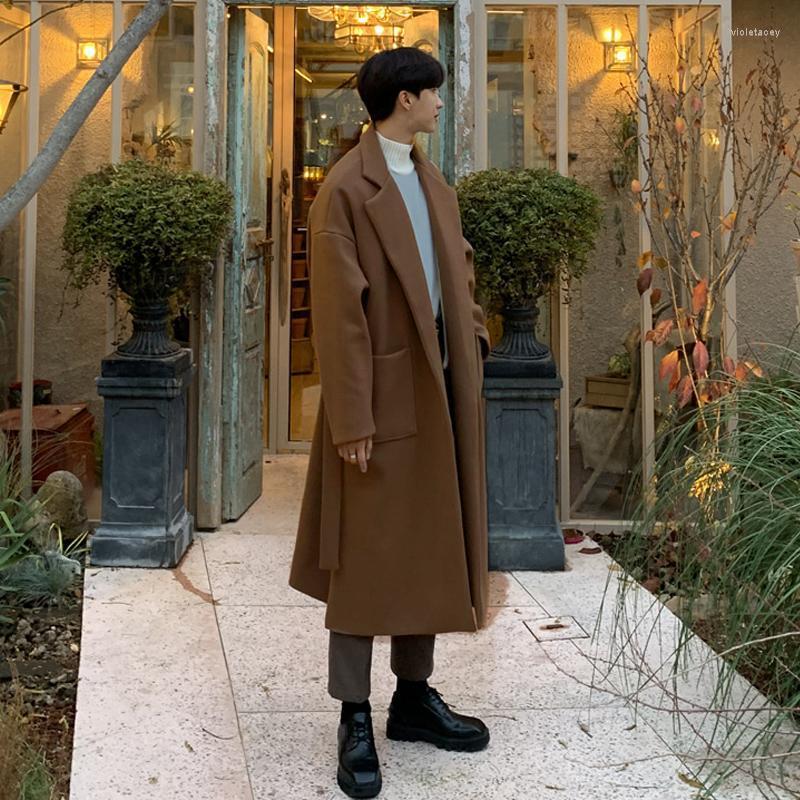 

Men' Wool & Blends Chic Cashmere Woolen Loose Overcoat Solid With Belt Casual Windbreaker Outwear E6 Viol22, Gray