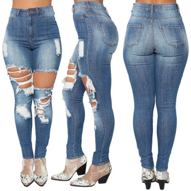 

Women's Jeans Plus Size Skinny Women Denim Pants Holes Destroyed Knee Pencil Casual Trousers Blue Stretch Ripped