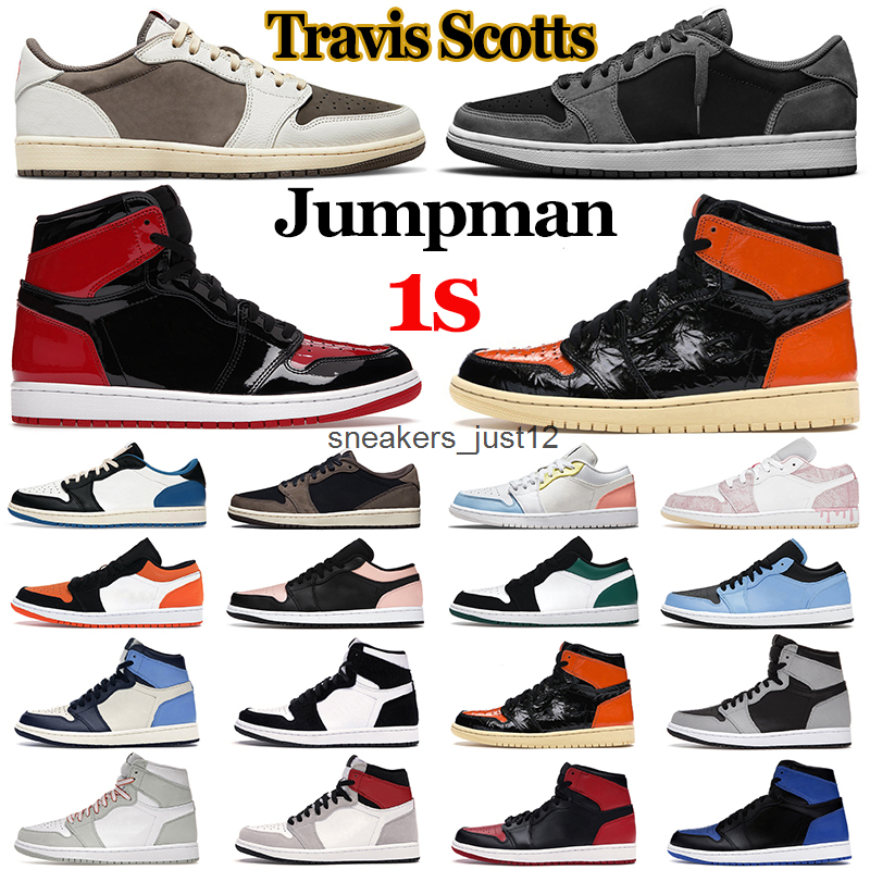 

Jumpman 1 mens basketball shoes 1s Travis Scotts Black Phantom Reverse Mocha Bred Patent University Blue Shadow Seafoam women men trainers, Wolf grey