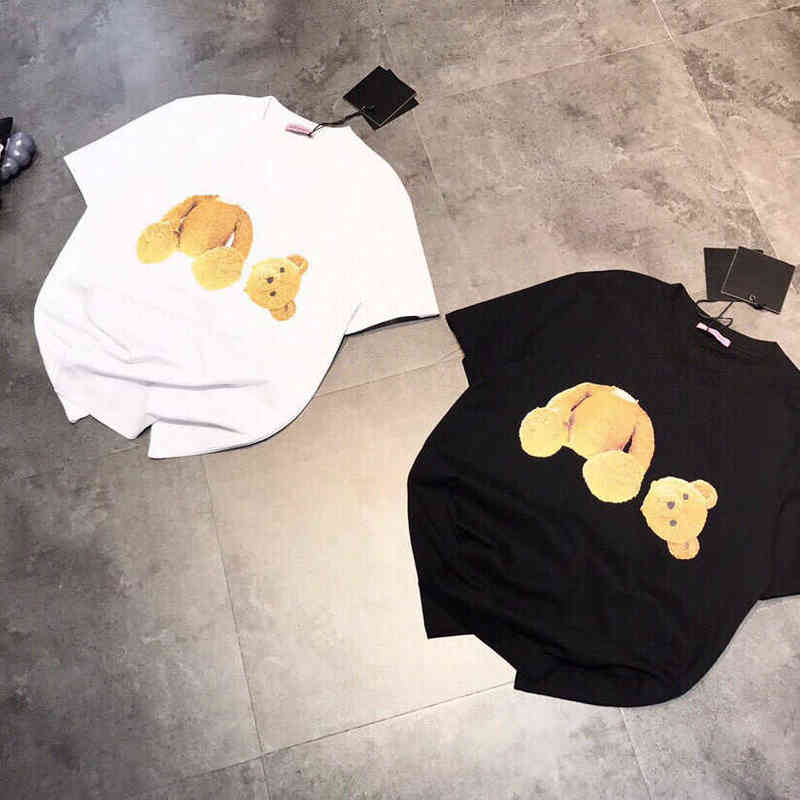 

22 Spring and Summer New Fashion Couple Digital Spray Printed Broken Bear Letters Casual Loose Round Neck Short Sleeve T-shirt, Black