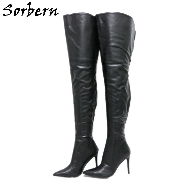 

Sorbern Black Matt Boots Women Stilettos High Heel Pointed Toe Open Back Custom Wide Fit Thigh Mid Shaft Fetish Shoes