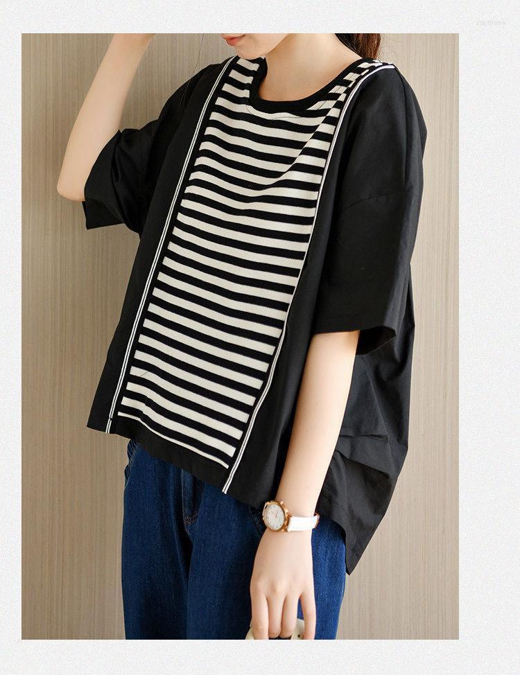 

Women's T-Shirt Women's Casual Literary Stripe Stitching Solid Color Round Neck Multicolor Short Sleeve Top Spring Summer, Black