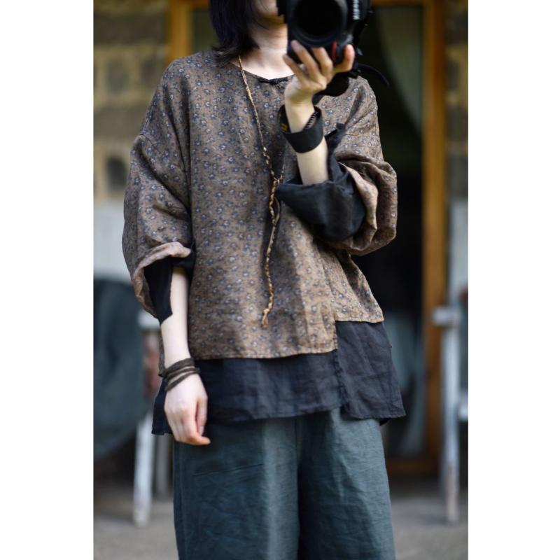 

Women's Blouses & Shirts Women Vintage Double Ramie And Top Print Floral Chinese Button Loose 2022 Summer Long Sleeve Causal ShirtWomen's, As photo